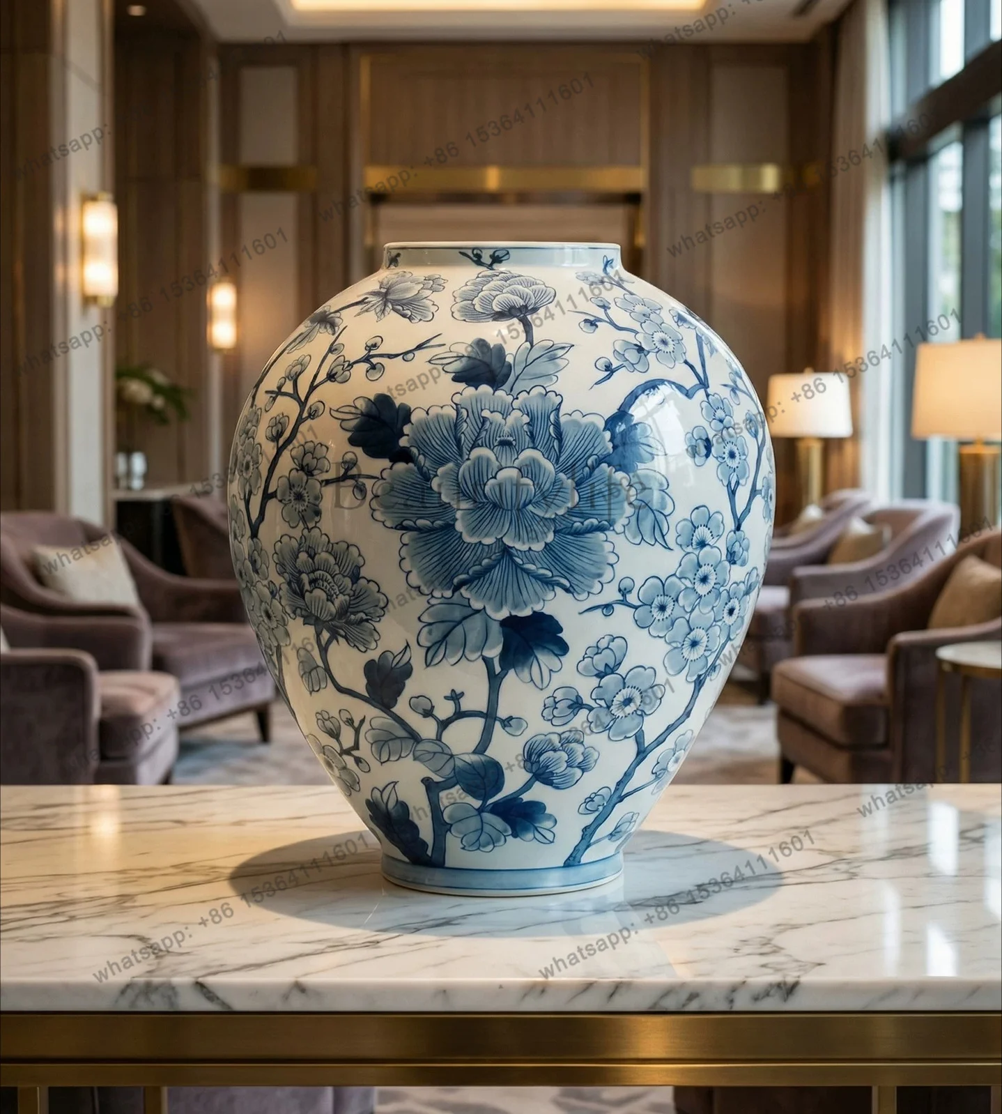 style living room blue and white porcelain big belly vase ceramic underglaze color hotel lobby decorative bottle ornament