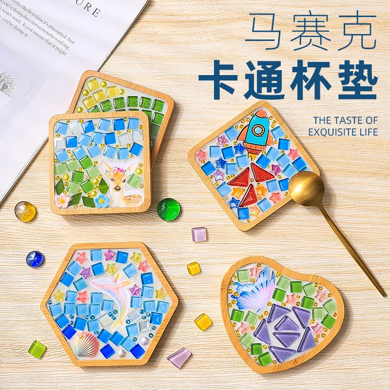 Parche de dibujos animados mosaico Diy posavasos hechos a mano estera cuadrada de aislamiento térmico de madera decoración del hogar regalo familia principiante paquete de material hecho a mano