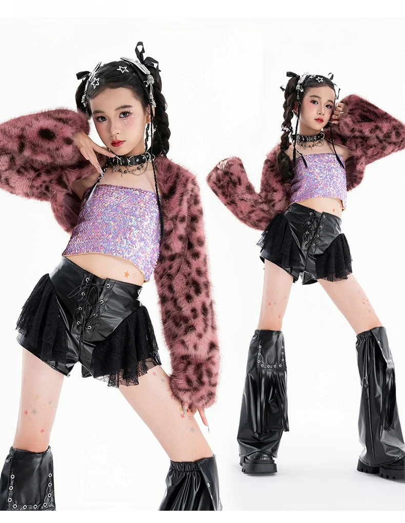 Nuovo costume jazz moderno per ragazze maniche in pelliccia di leopardo gilet con paillettes pantaloni in pelle moda abbigliamento da ballo Kpop abbigliamento da prestazione L17703