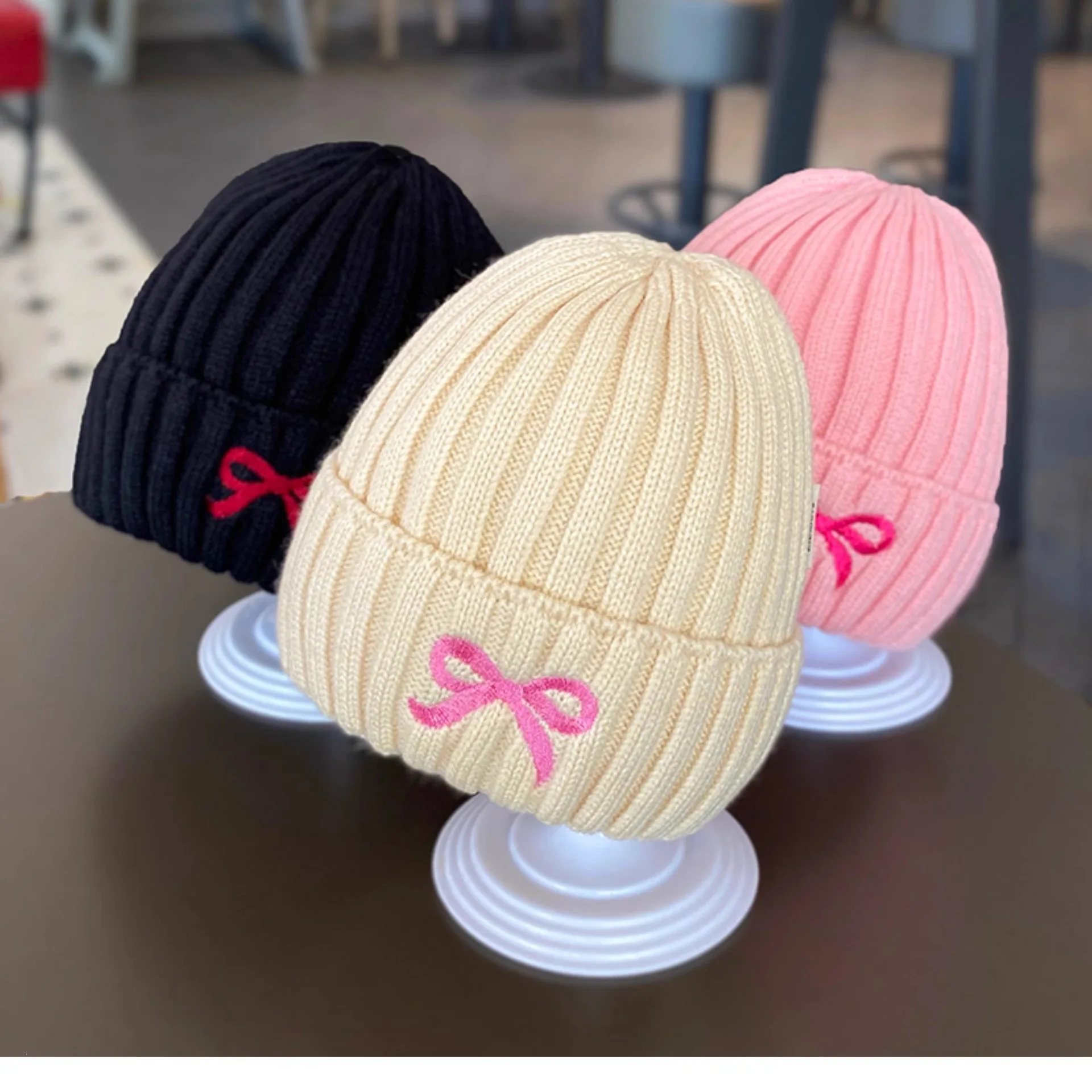 3-6Y Winter Girl Knit Hat with Bow Embroidery Children's Hat Windproof Coldproof Warm Kids Hats and Caps Knit Beanie for Girls