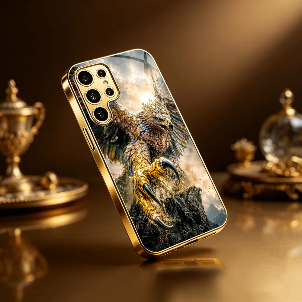 Chic Metallic Gold Eagle Glass Phone Case for Samsung Galaxy S26 S25 S24 S23 S22 S21 FE Ultra Plus Scratch‑Resistant Phone Shell