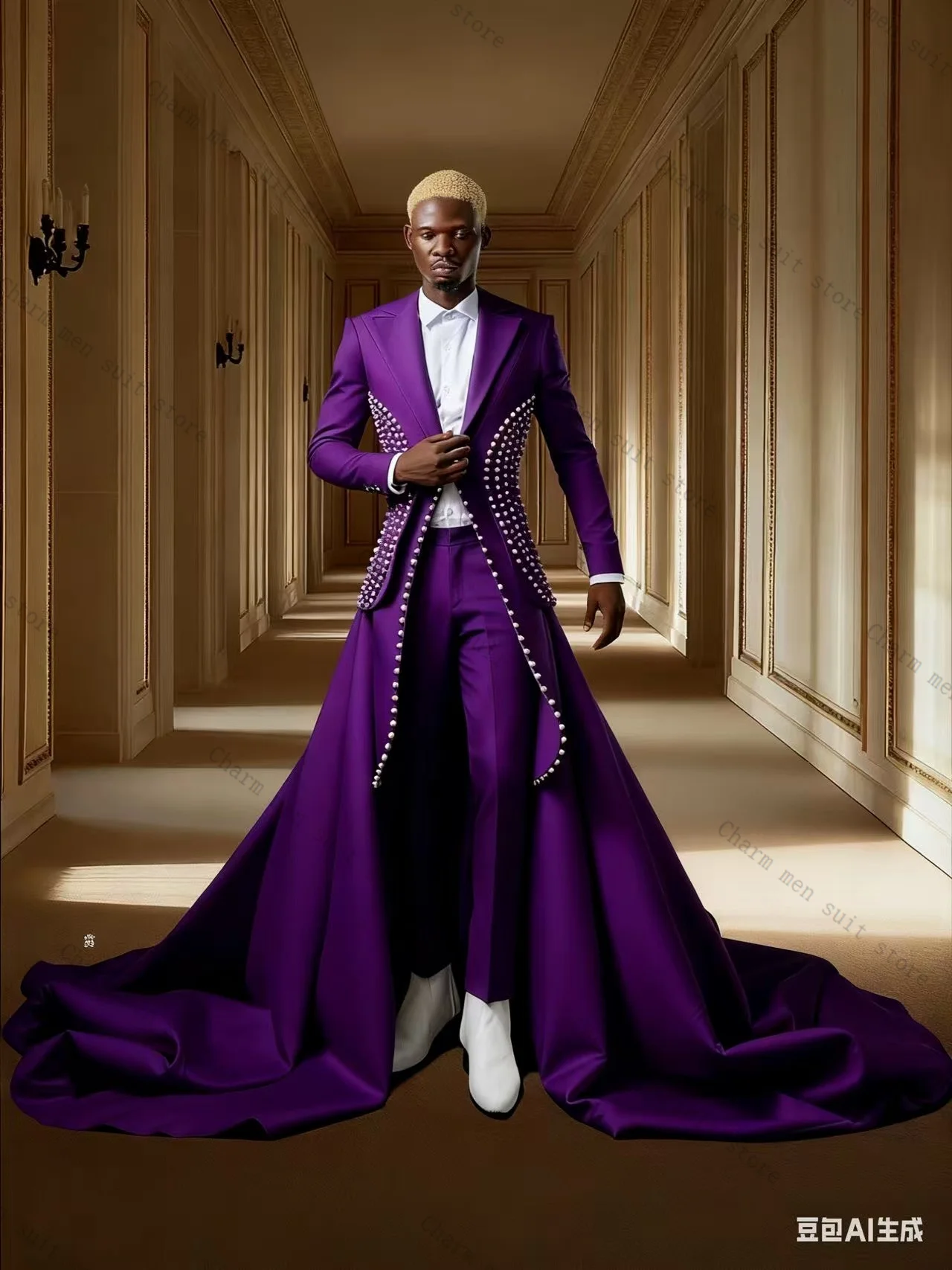 

Purple Crystals Men Suits Set 2 Pcs Long Blazer+Pants Trousers Long Train Wedding Tuxedos Formal Office Customized Jacket Coat