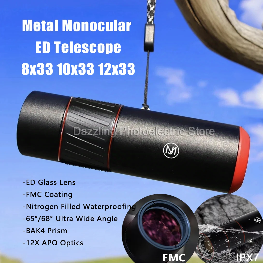

Metal Monocular Telescope 8/10/12x33ED BAK4 Prism FMC Coating Field 65°-68° Waterproof Nitrogen Filled for Camping Mobile photog