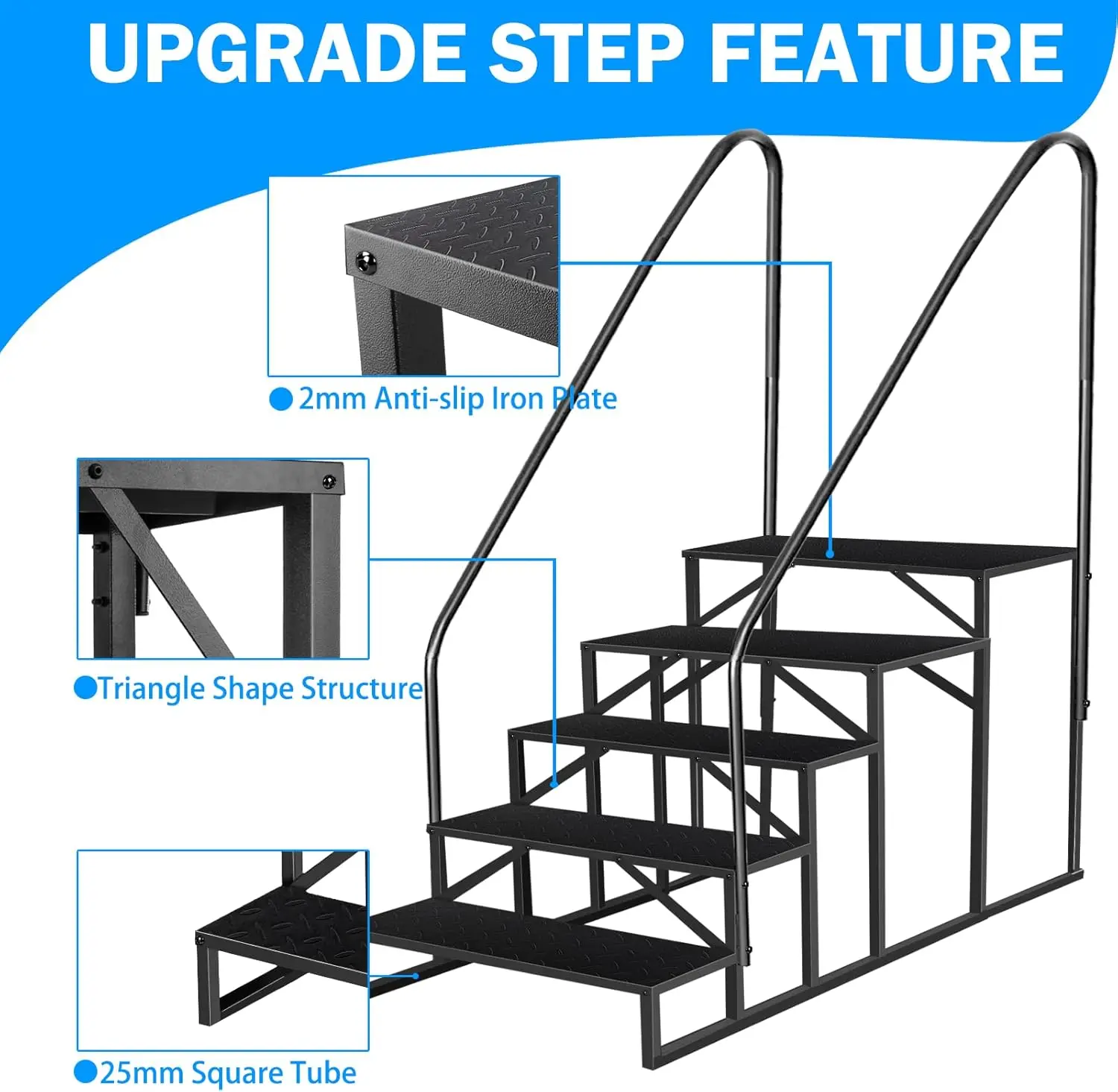 5 Step Ladder, RV Steps Anti-Slip, Hot Tub Steps with Handrail, 660 lbs RV Ladder for 5th Wheel RV, Mobile Home Stairs