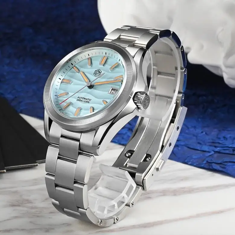 

San Martin Мужские автоматические часы 39 мм Механические наручные часы 10ATM Водонепроницаемые оранжевые светящиеся сапфировые часы NH35 Дизайнерский циферблат с текстурой пустыни