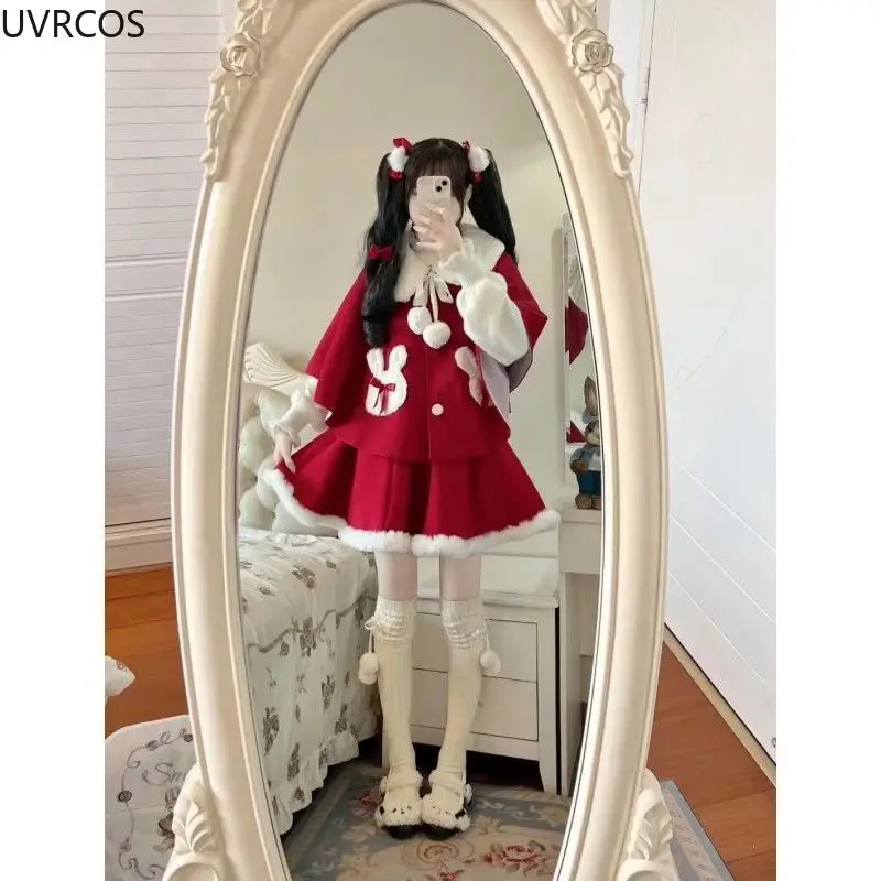 2024 New Sweet Christmas Red Elegant Skirt Set Woman Kawaii Bow Wool Cape Coat Y2k Mini Skirts Female Korean New Year Cute Suit