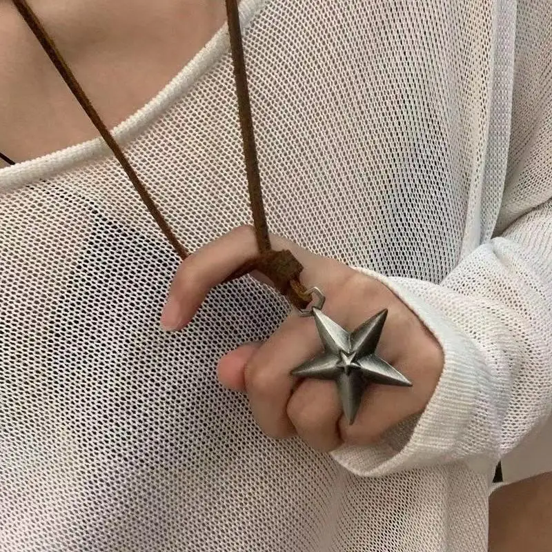 Trendy Vintage Pentagram Star Pendant Necklace Unisex Punk Leather Rope Adjustable Necklace Party Jewelry Accessories