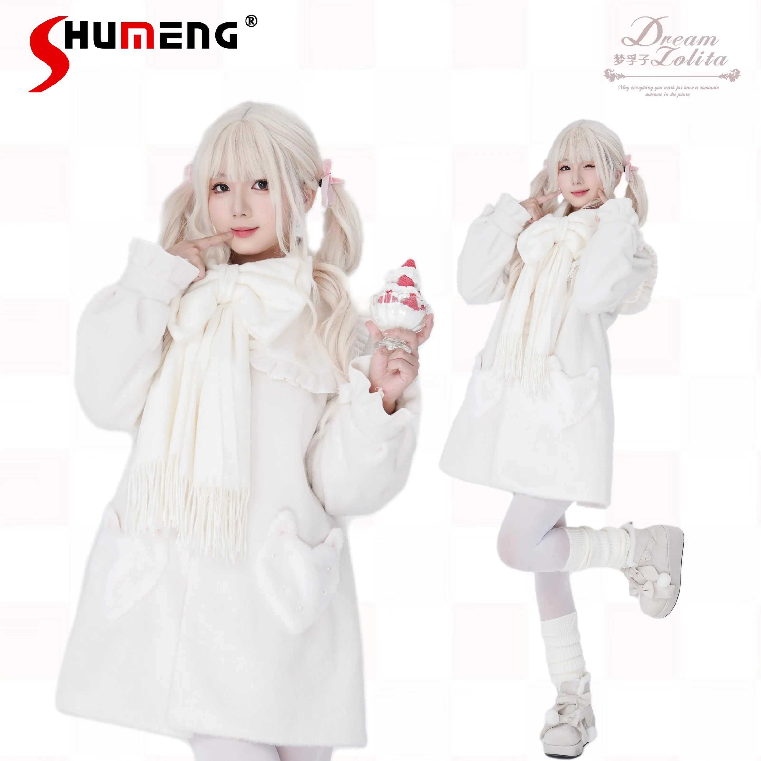 

Original Sweet Lolita Long Coat Autumn Winter New Women's Slim Fit Elegant Turndown Collar Overcoat Girls Sweet Woolen Coat