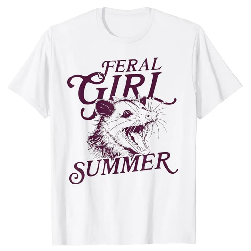 

Feral Girl Summer Opossum Vintage T-Shirt Cute Mouse Lover Graphic Tee Tops Women's Fashion Short Sleeve Blouses Novelty Gifts