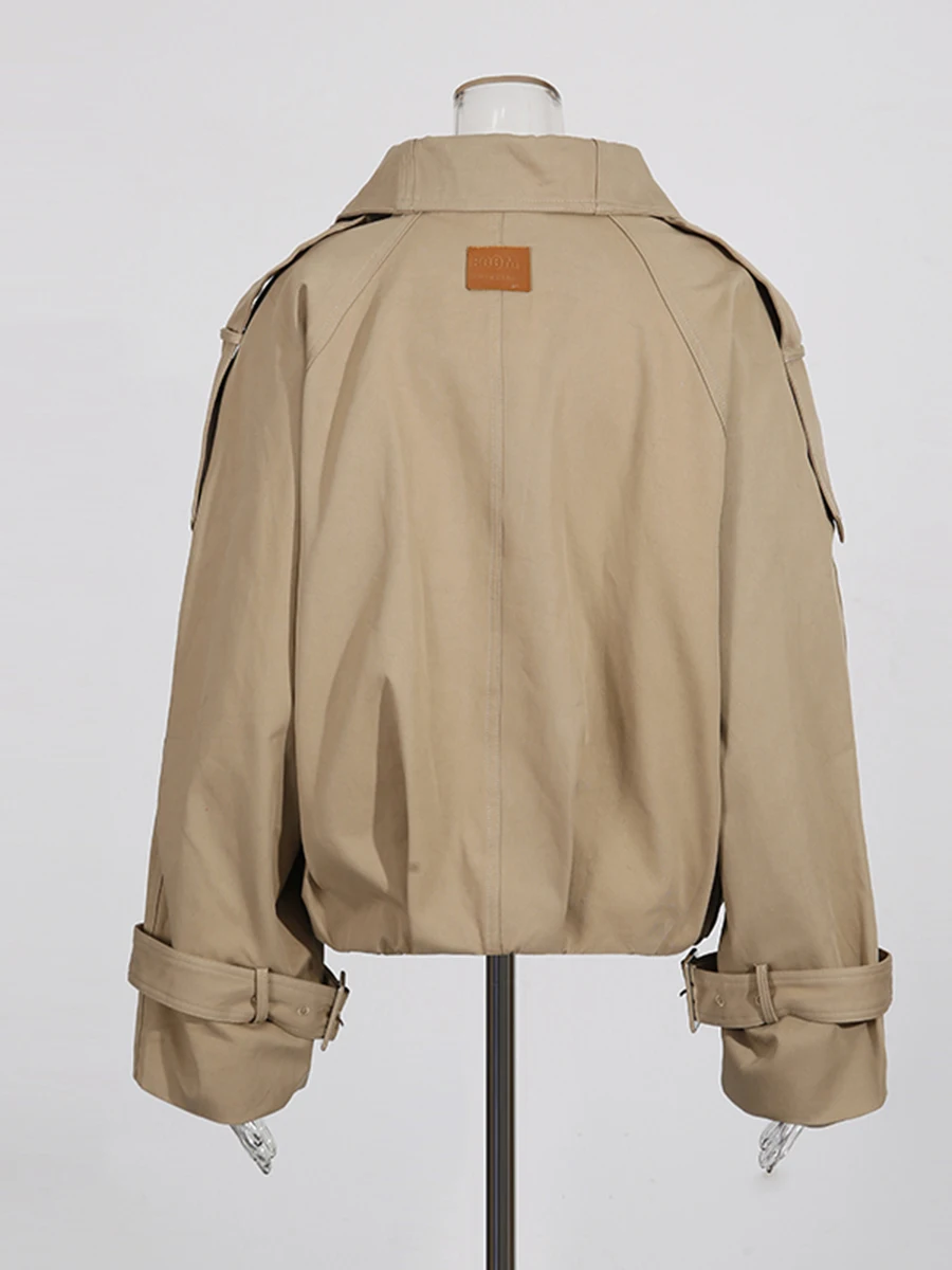 CHICEVER 카키색 스플라이스드 새시 스트리트웨어 재킷 여성용 라펠 긴 소매 루즈핏 한국 스타일 여성 재킷 가을 패션 신상