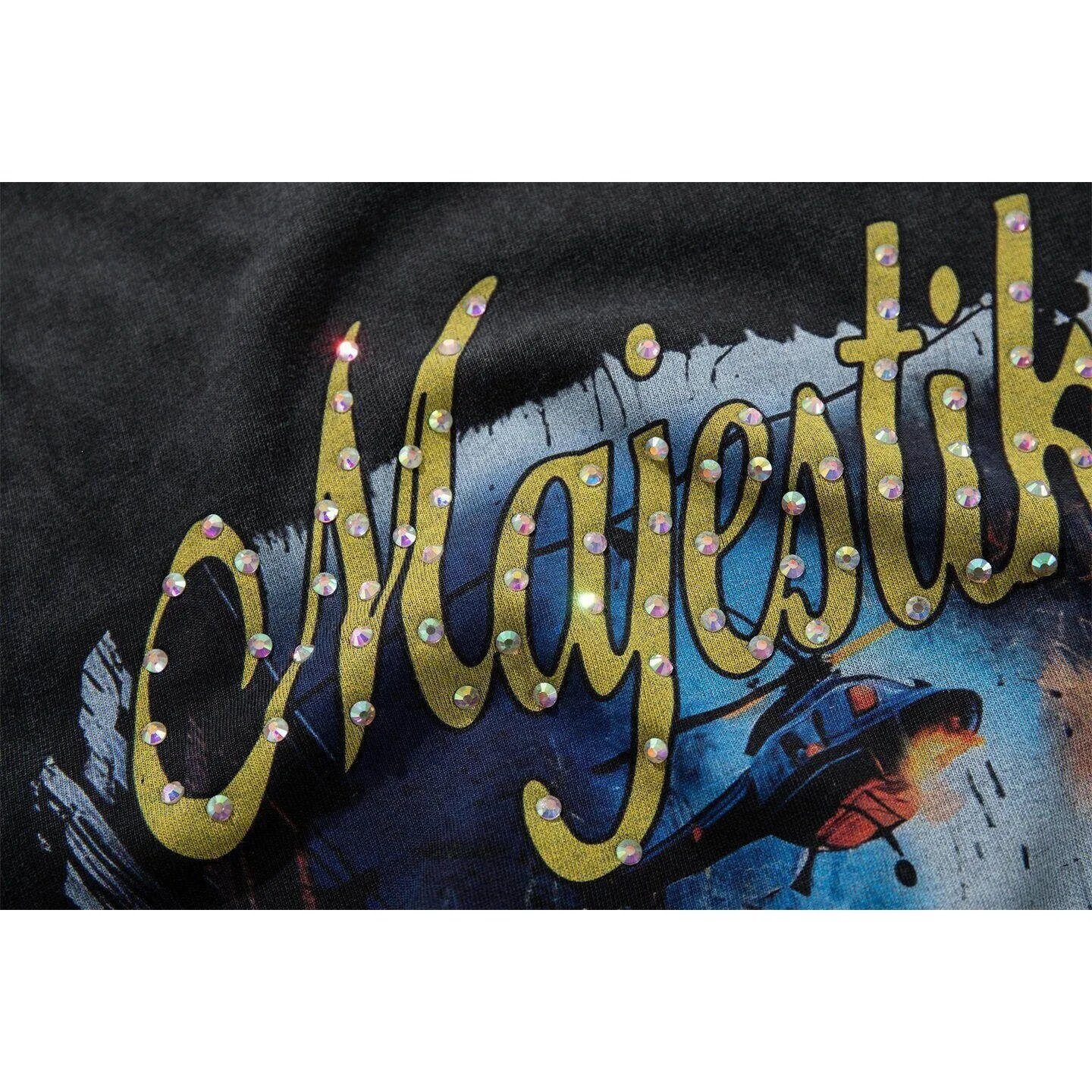 MAJESTIK Direct Injection Printed Short-Sleeved T-Shirt Loose Washed Antique Look Retro Style Decorative Beads - Trendy on Ins