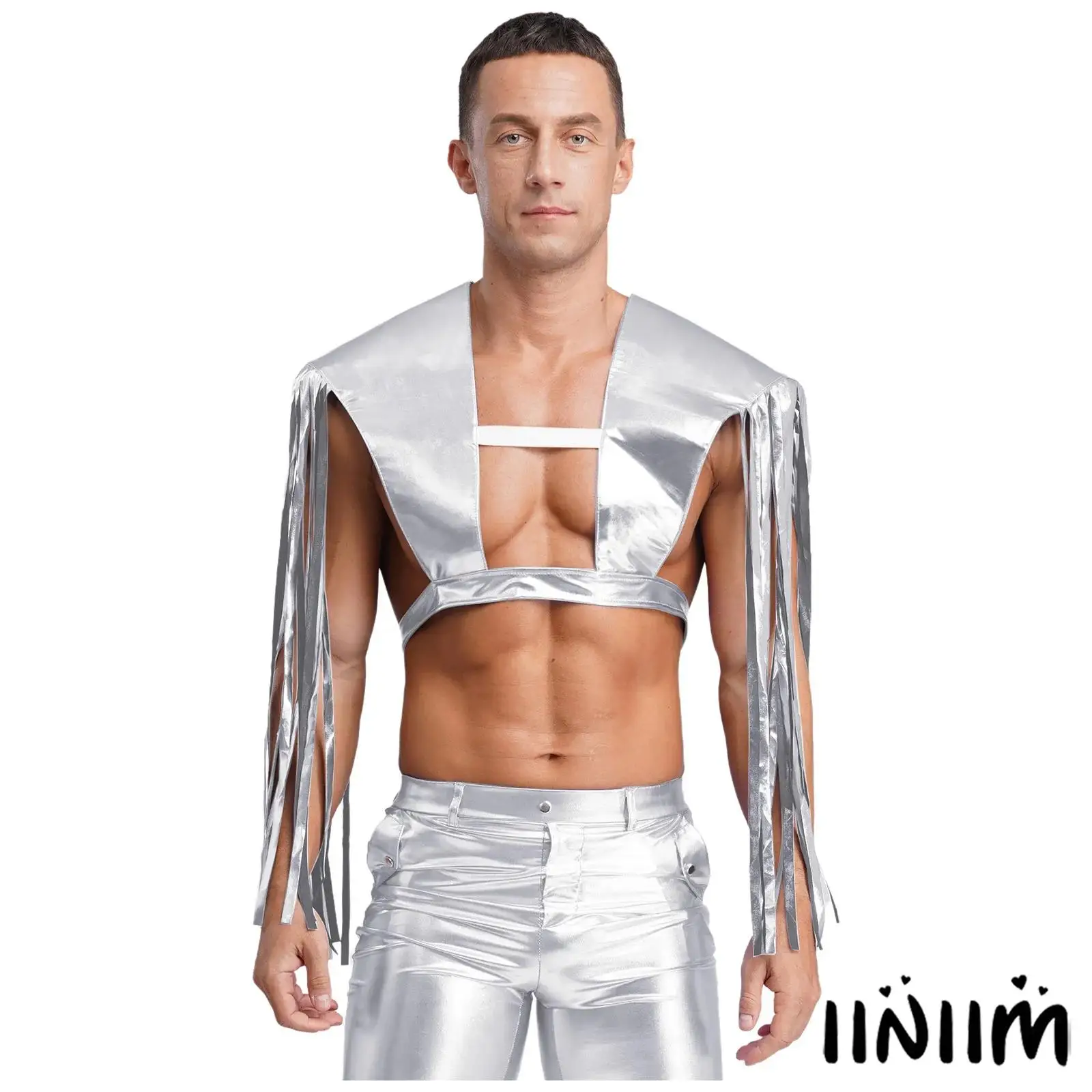 

Adult Unisex Carnival Cosplay Costume Metallic Shiny Shoulder Shrugs Fringe Adjustable Armor Shawls for 80s Disco Jazz Dancewear