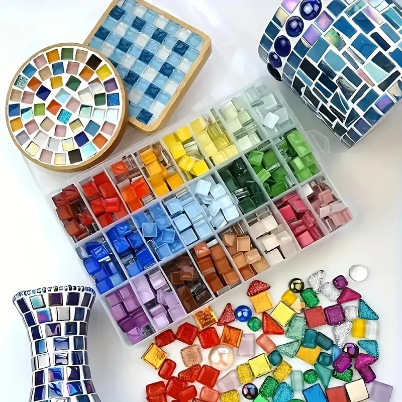 450 Piezas de Mosaicos de Cristal Brillante, Diseño a Cuadros, Suministros de Arte Hechos a Mano, Cristal con Purpurina para Manualidades y Mosaicos