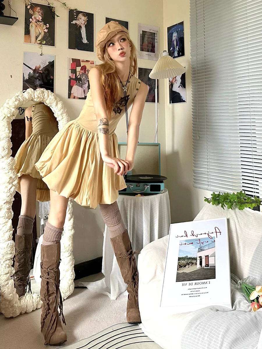 RORORIRI ผีเสื้อพิมพ์มินิเดรสผู้หญิงพังก์หมุดย้ำ O-คอแขนกุด SLIM FIT PUFFY BUD วันพีซ GREYU VINTAGE เสื้อผ้า