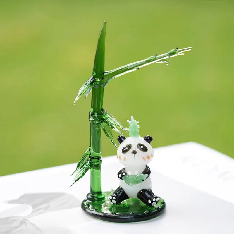 

Handmade Colored Glaze Glass Crystal Panda with Bamboo Sculpture Crafts Home Office Desk Ornament Decoration