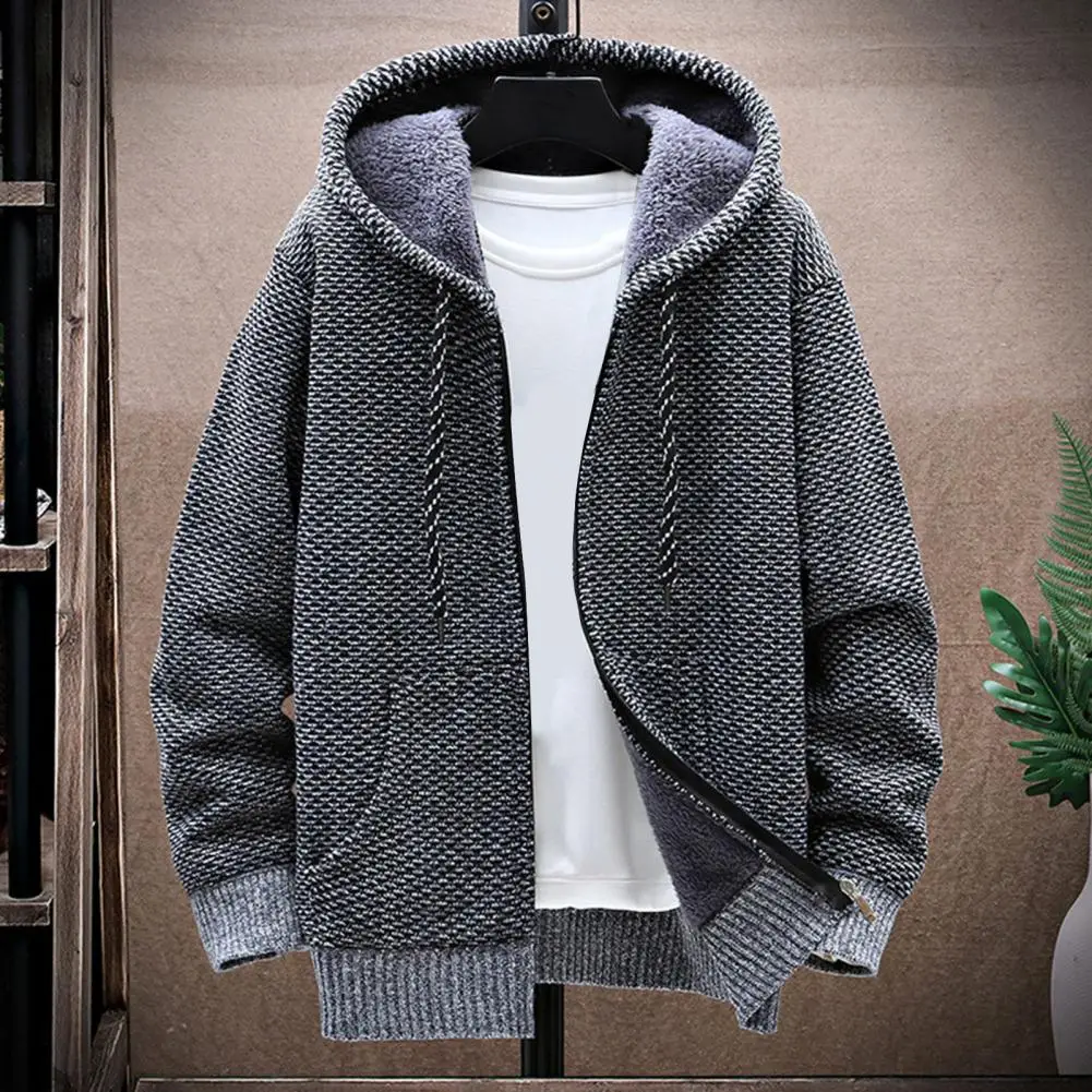 Thickened Men Cardigan Jacket Thickened Plush Lining Sweater Coat Drawstring Hood Knitted Jacket Coat For Men Sweater Jacket