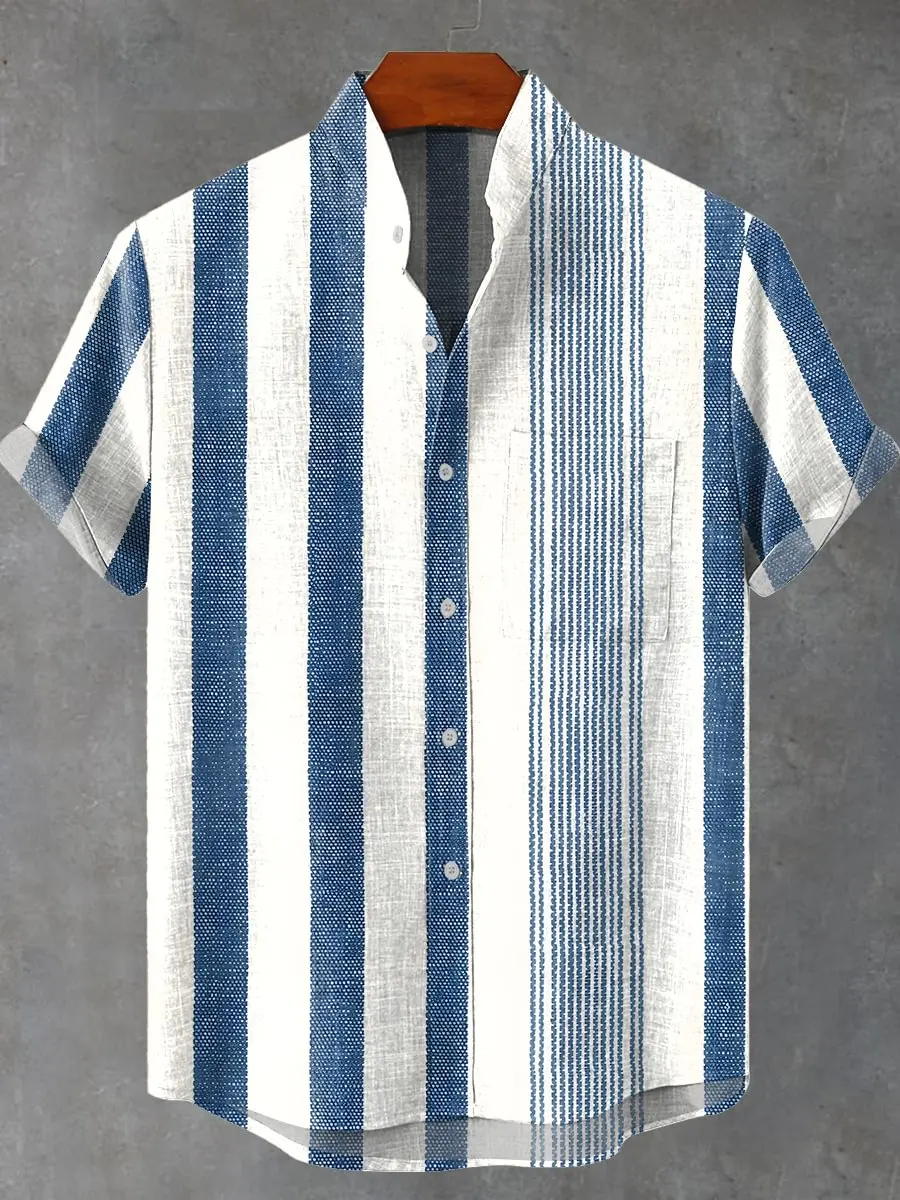 2025 Men's New Striped Linen Short Sleeve Shirt For Summer Refreshing And Comfortable Fabric High Quality Button Top