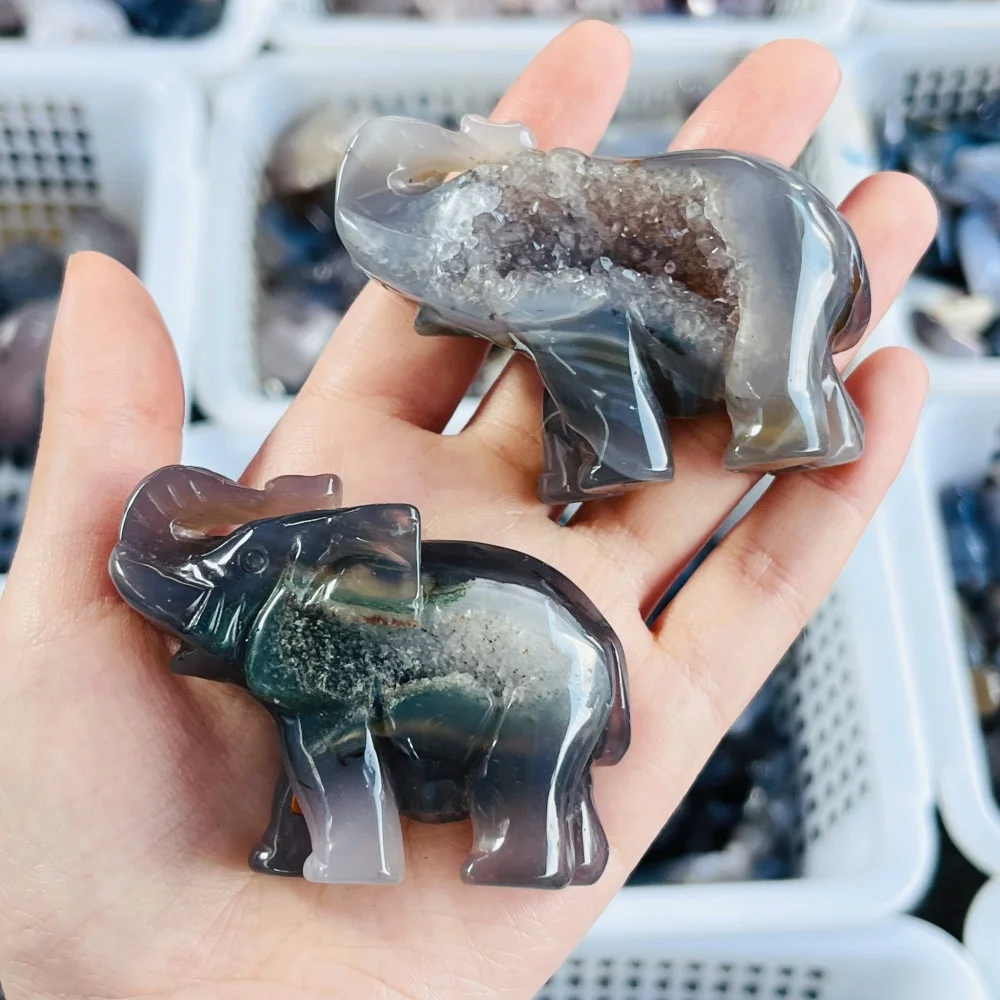 1PCS Natural Agate Geode Elephant Carving Polished Reiki Healing Fengshui Energy Decor High-Quality Room Gift
