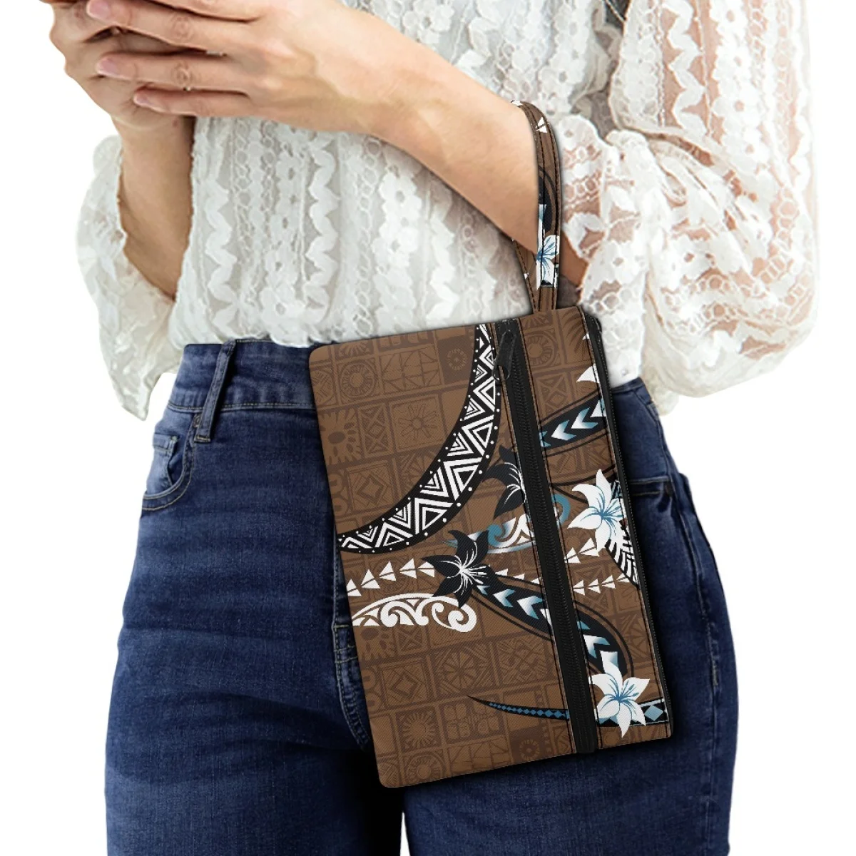 Polynesian Tribal Samoa Tapa Islands Brown Design Print Cute Wristlet Storage Clutch Purses Women Polyester Travel Clutch Bag