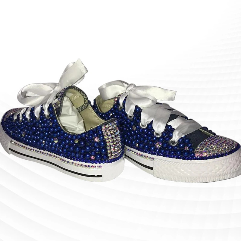 Low Top Dark Blue Canvas Shoes Pearl Ribbon Comfortable Walking Sneakers Handmade Pearl Rhinestone Vulcanized Shoes 35-46