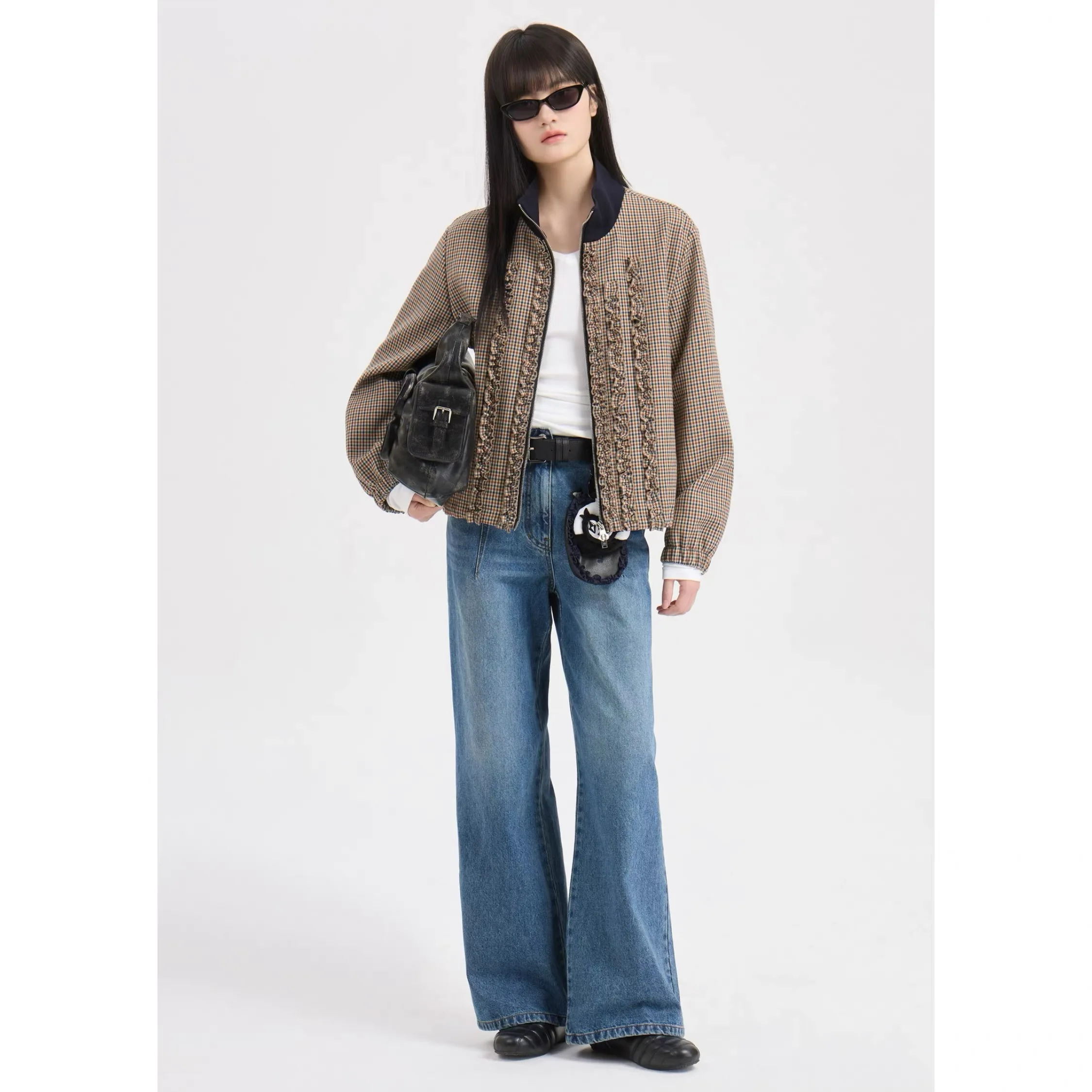 

Lemon Remote LUC26 Casual Plaid Stand Collar Splicing Wood Ear Design Loose Versatile Short Jacket Women's Commute Style Long...