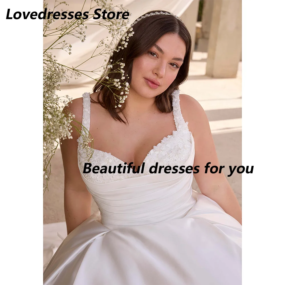 Brautkleider in Übergröße, maßgeschneidert, ärmellos, V-Ausschnitt, Perlen, Falten, Satin, A-Linie, Brautkleid, Sweep-Zug, Brautkleider