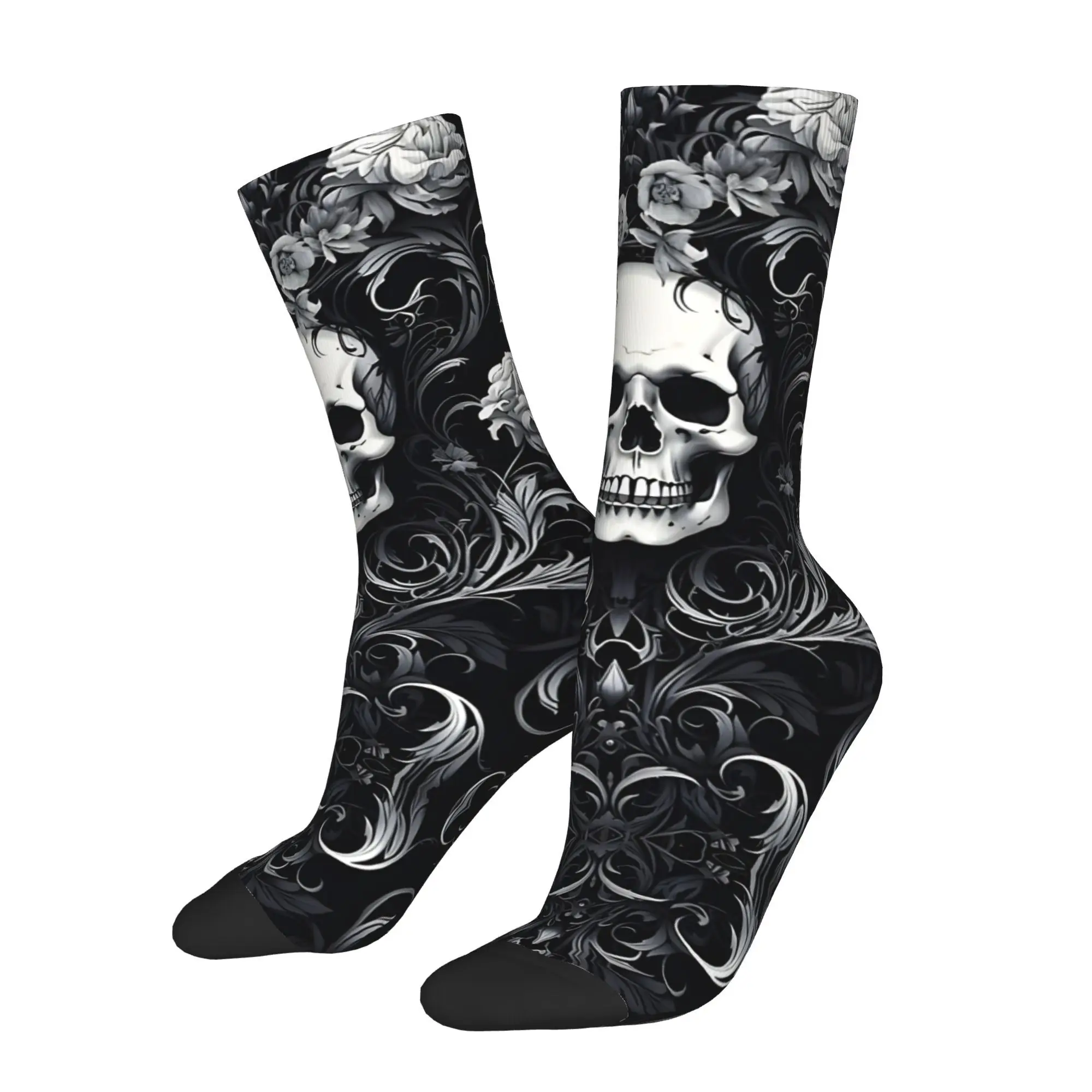 1pc Skull Roses Damask Gothic Flowers Printed Men's Socks  Novelty Hip Hop Harajuku Pattern Crew Sock Casual Gift
