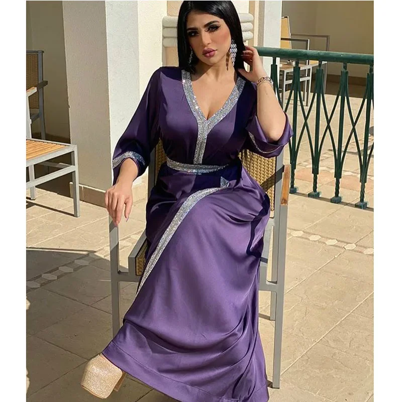 

Eid Mubarak Satin Abayas for Women Muslim Diamond Maxi Dress Turkey Arabic Kaftan Party Gown Belt Dubai Ramadan Jalabiya Caftan