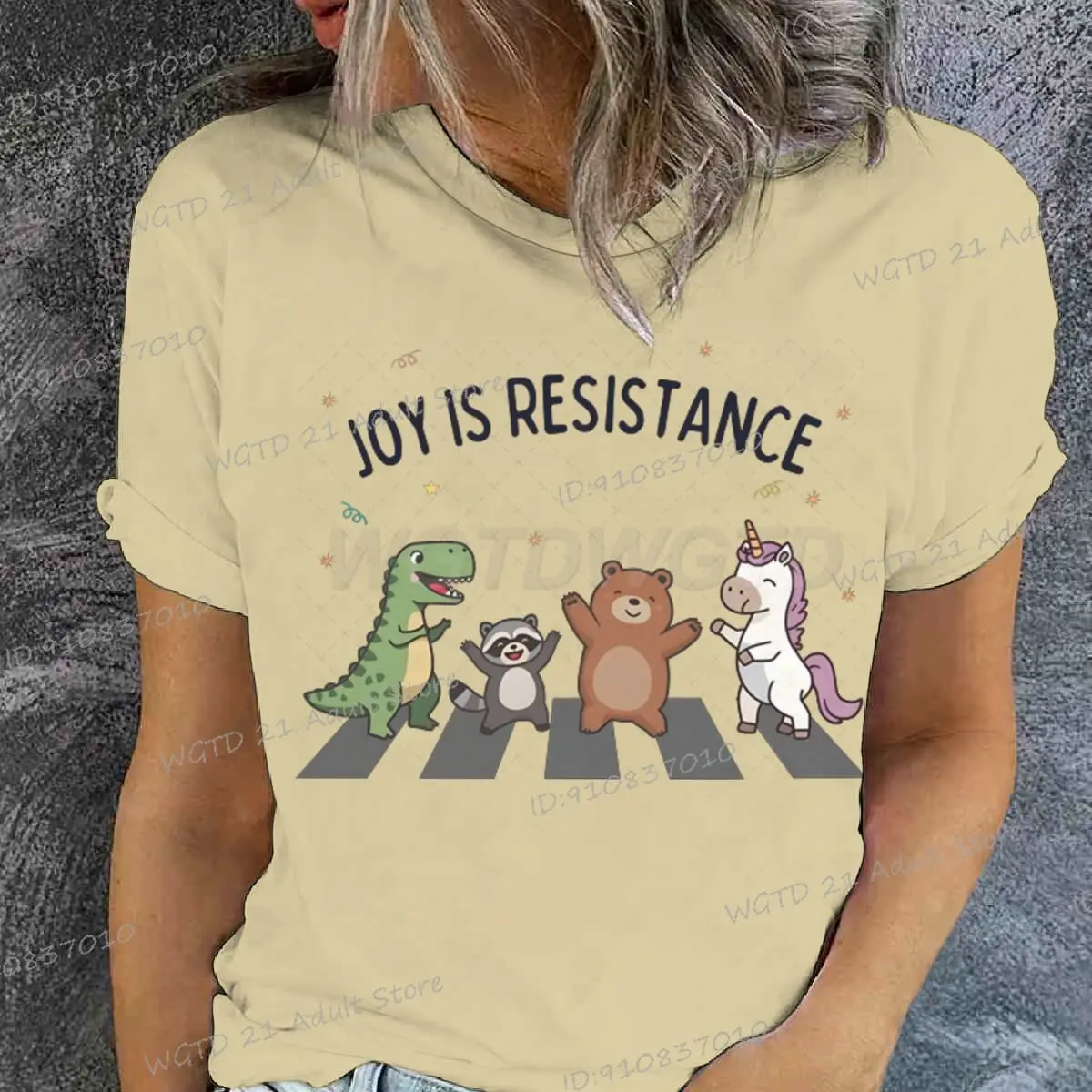 

Cartoon Dinosaur Raccoon Bear Unicorn T-shirts Men Women Portland Frog Joy Is Resistance Streetwear O-neck Short Sleeved Tshirts