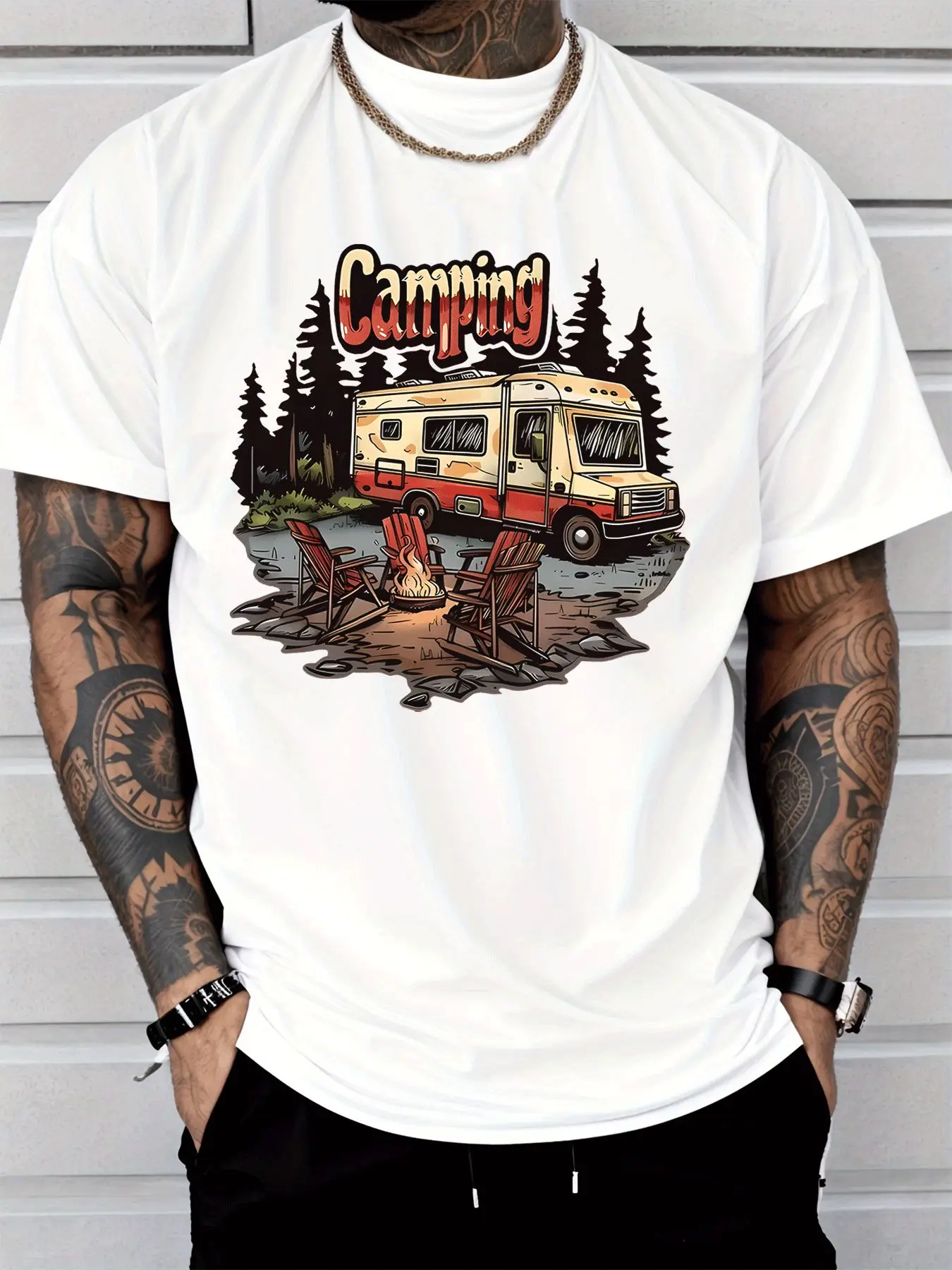 Mens RV Camping Graphic T Shirt Camper Van Campfire Outdoor Streetwear Short Sleeve O Neck Cotton Casual Summer Tee For Men