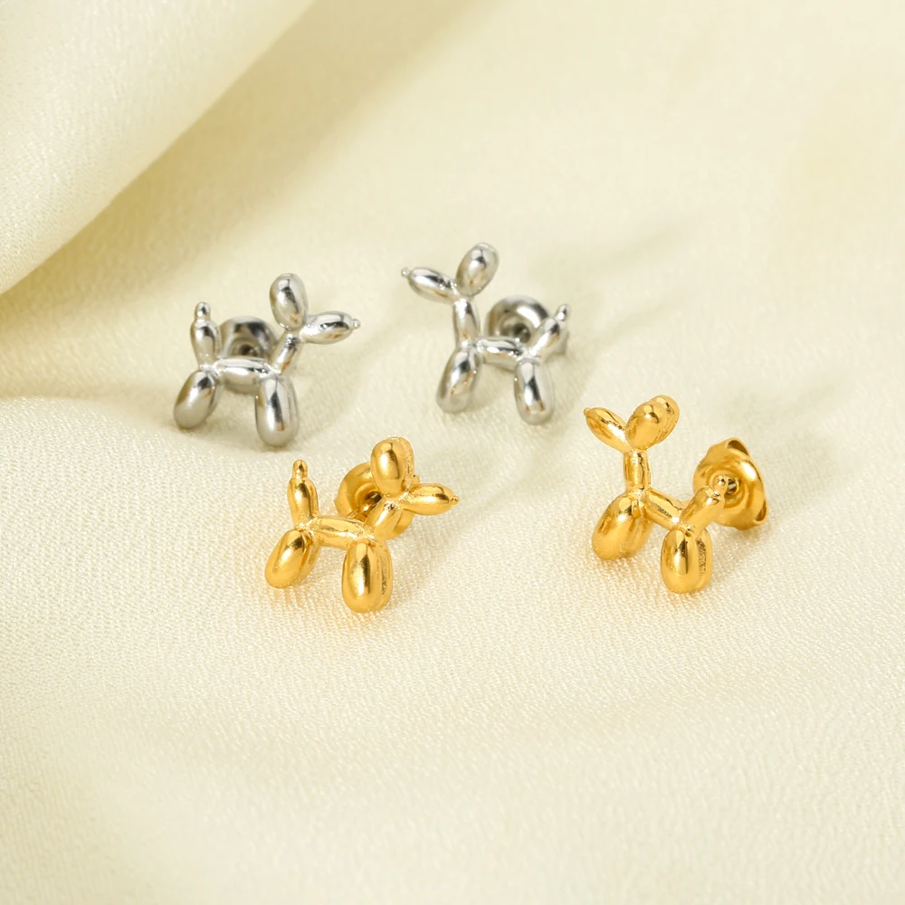 Korean Style 18K Gold Plated Stainless Steel Poodle Balloon Dog Stud Earrings for Girls Cute Dog Animal Post Earring Jewelry