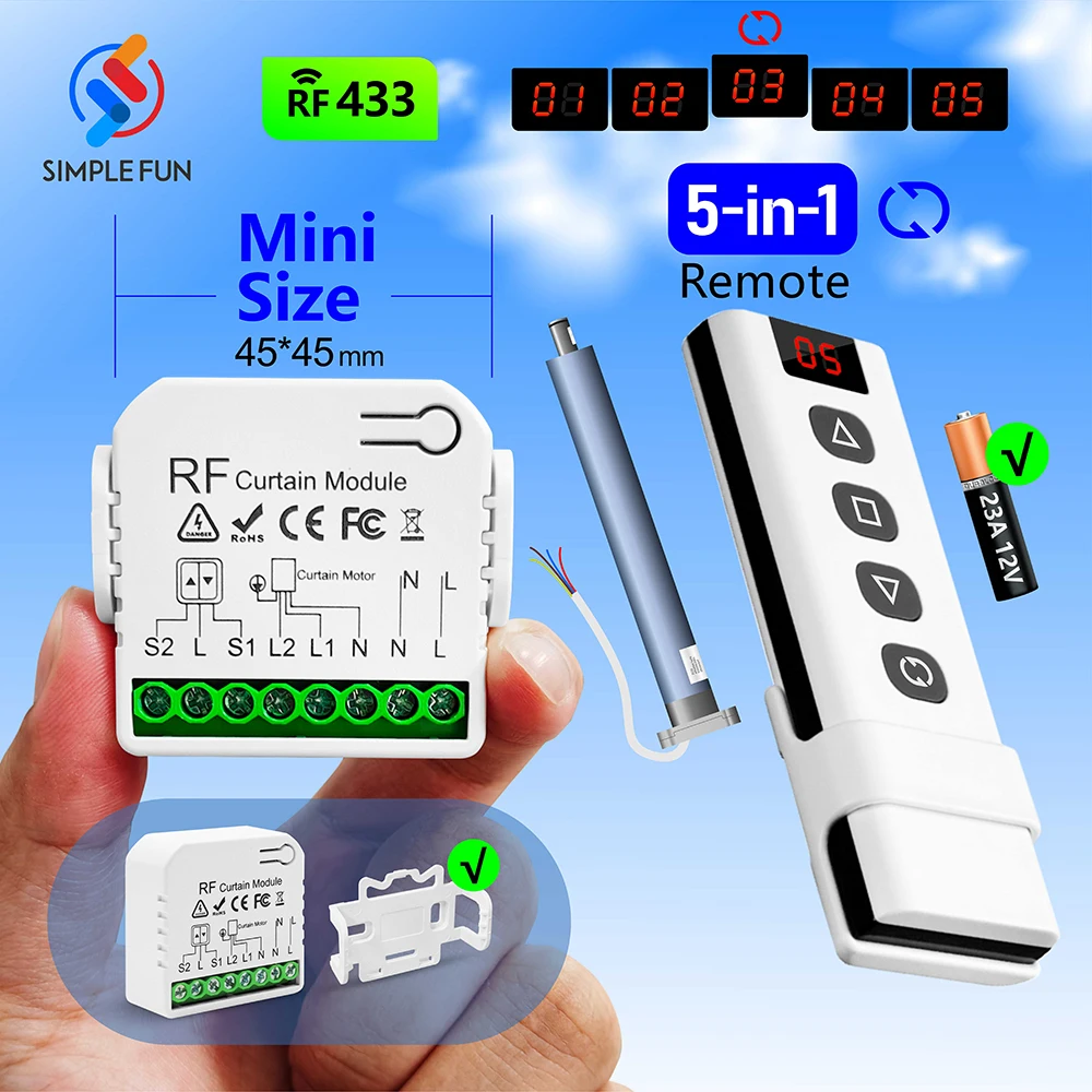 433Mhz Roller Shutter Curtain Remote Control Switch and 5-in-1 Transmitter 110V 220V RF Module for Blind/Garage Door/AC Motor