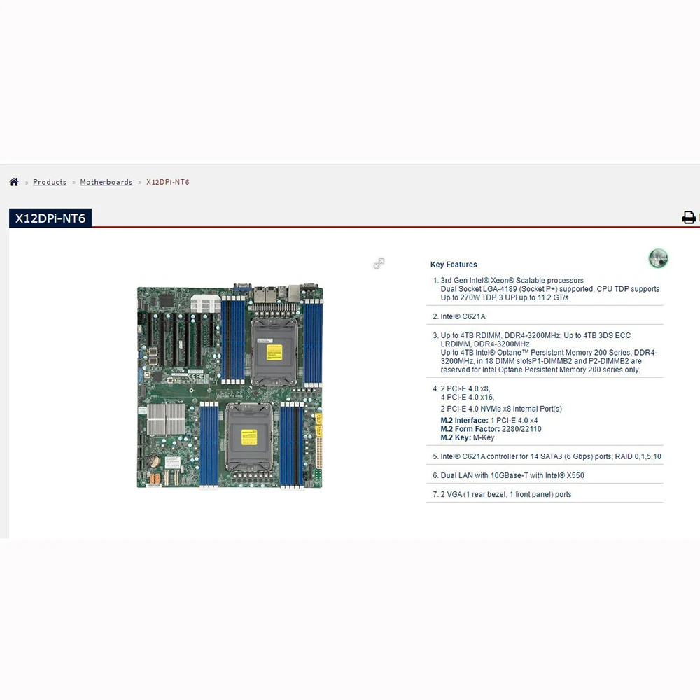 

Для двухсерверной материнской платы Supermicro LGA-4189, масштабируемый процессор Xeon третьего поколения X12DPi-NT6