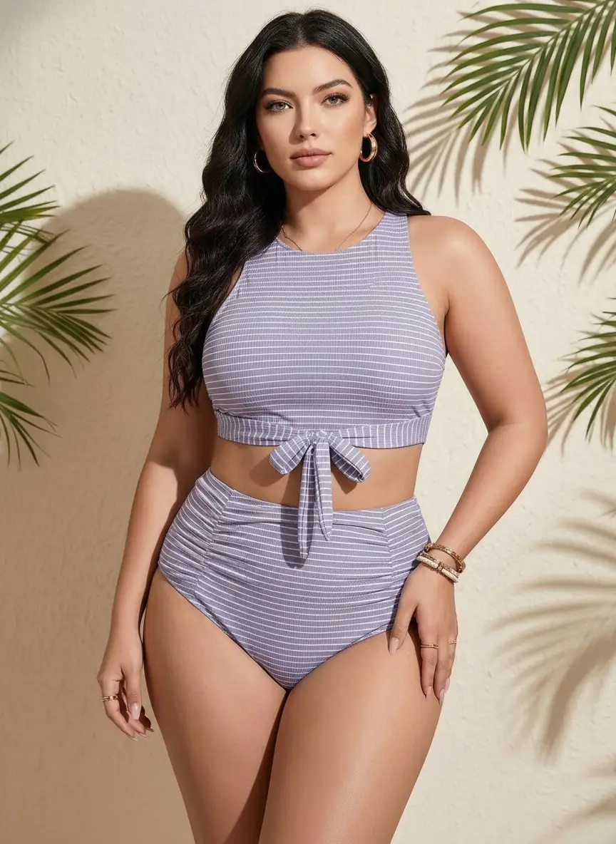 

2026 New Arrival Women's Plus Size Striped Two Piece Swimsuit High Neck Tie Front Crop Top High Waisted Bikini Set Bathing Suit