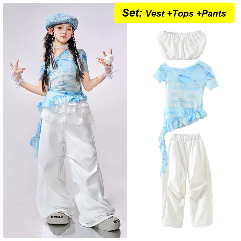 Girls Group Jazz Dance Clothes Blue Off-shoulder Top White Street Pants Kpop Street Clothing Hip Hop Dance Performance Costume image 3