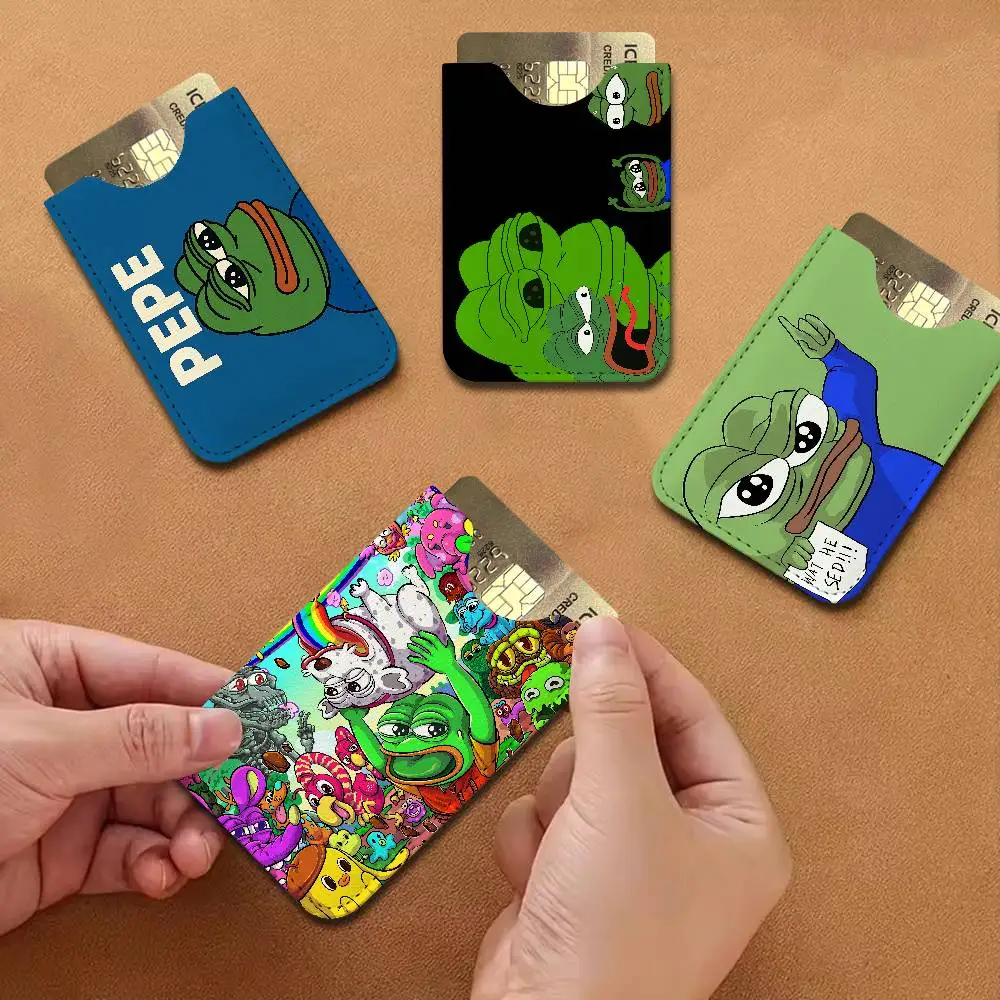 Sad Frog Pepe Men Leather Card Case, Minimalist Mini Credit/Bus ID Card Holder, Small Compact for Office Business