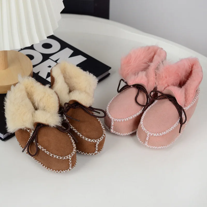 Girls Wool Sheepskin Boots Children Winter Fur Shoes Kids Boy Velvet Snow Boots Infant Baby Toddler Leather Furry Boots Footwear