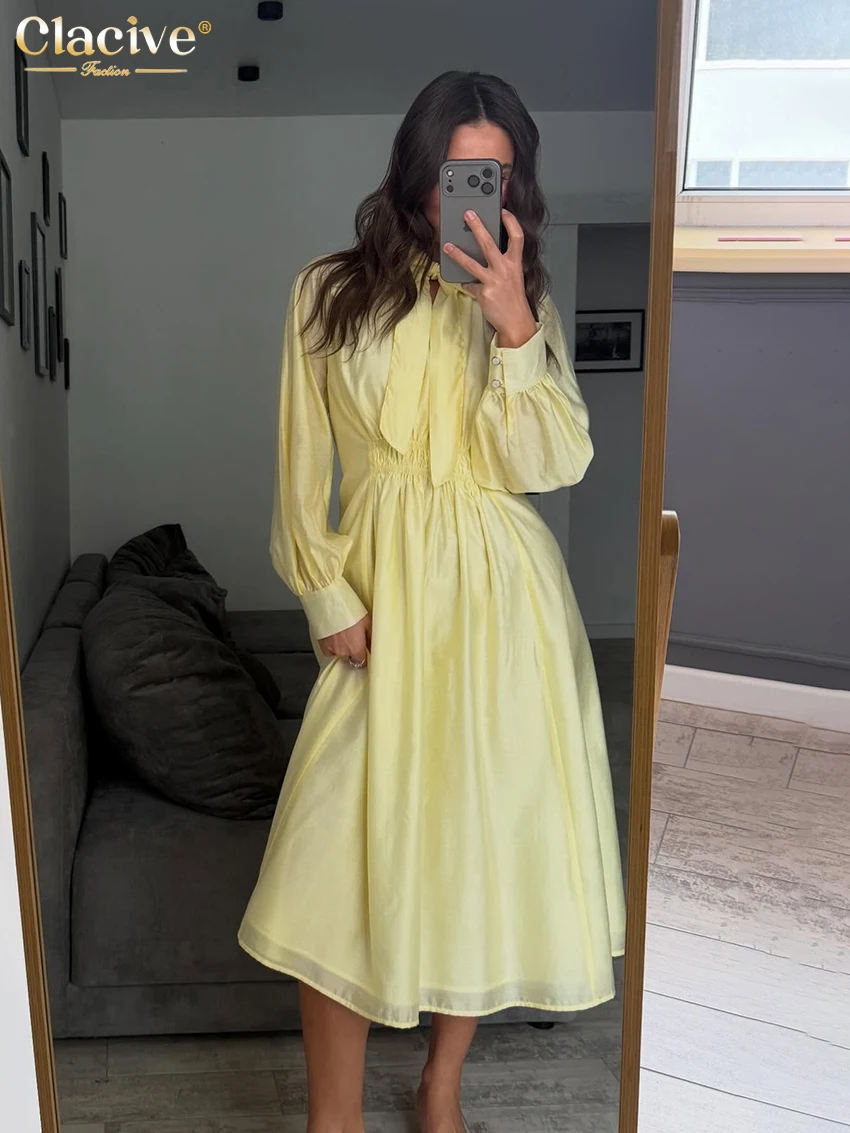 

Clacive Fashion Loose Yellow Women's Dress 2026 Spring Bow Collar Long Sleeve Midi Dresses Elegant Classic High Waist Female Dre