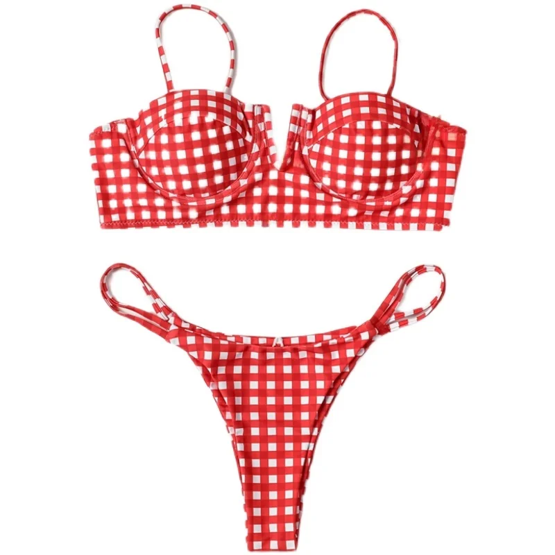 

Sexy Plaid Steel Support Bikini Women's Swimsuit Two-Piece Swimwear Triangular Design with Steel Insert And Chest Pad