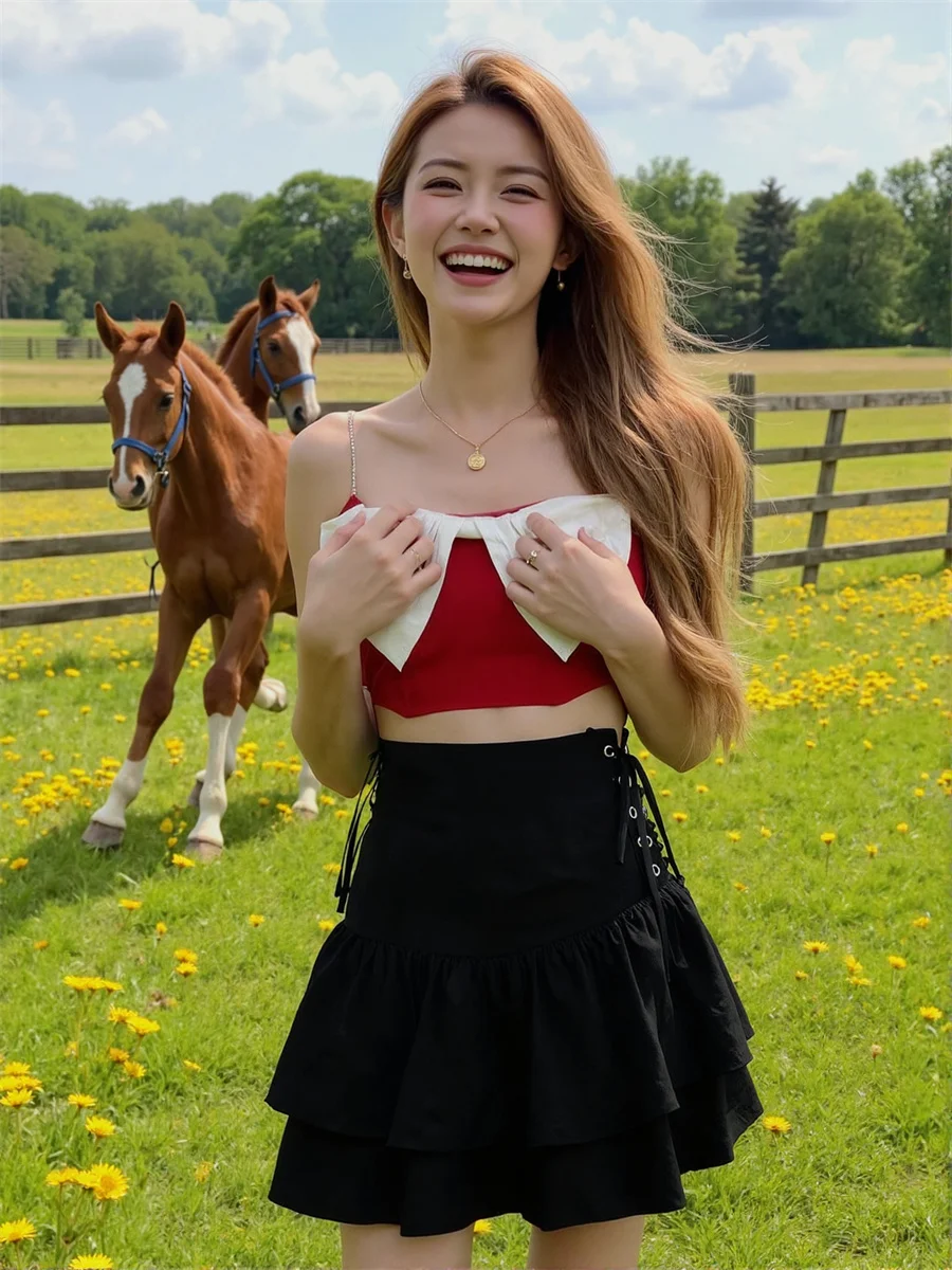 

Black Bandage Mini Skirts Womens Lace Applique Layered Modern Chic College Artistic Elegant Feminina Sweet Patchwork Soft