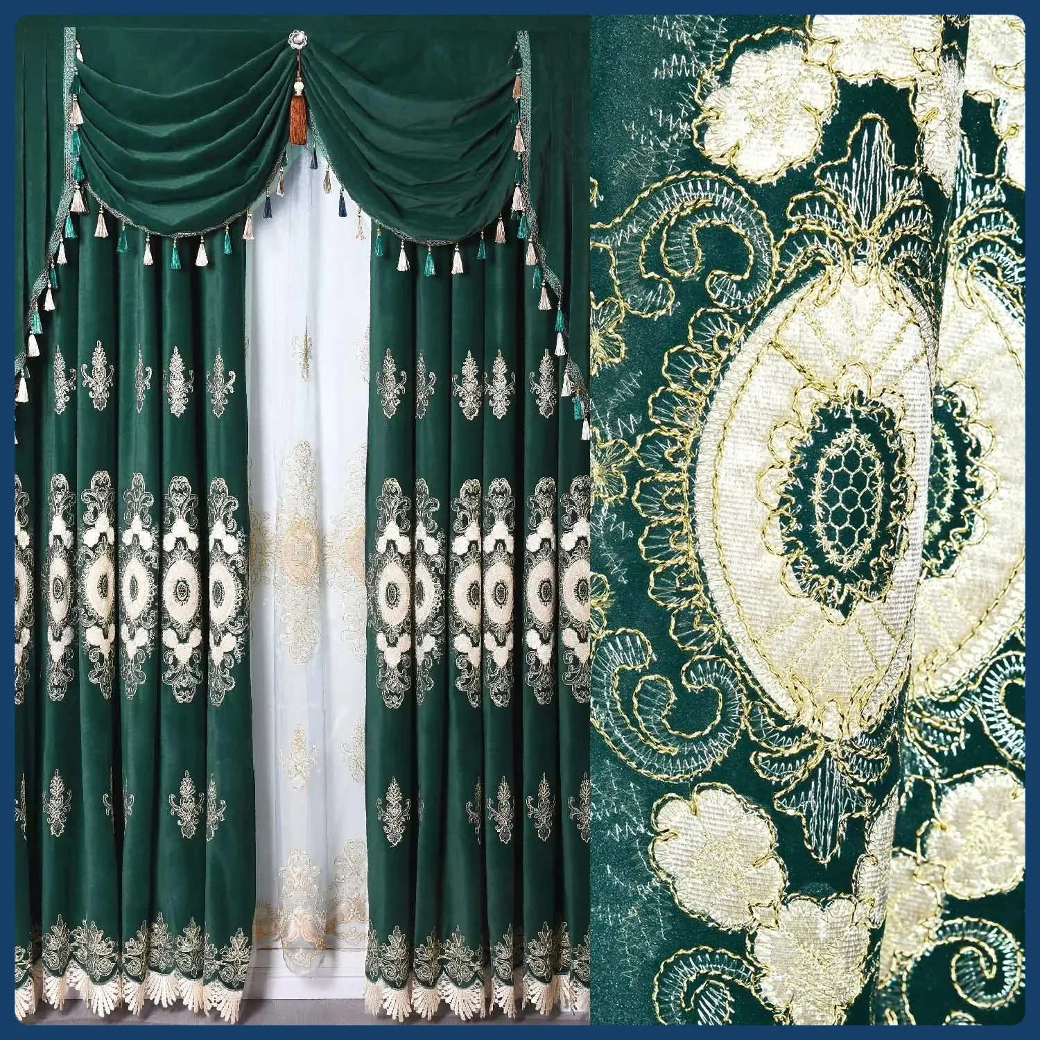 New European Style Curtains Living Room Simple European Decoration Style Dark Green Velvet Embroidery Bedroom Blackout Fabric