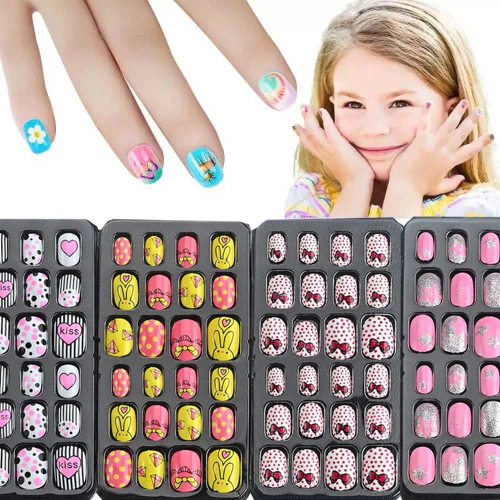 24Pcs/Box Cartoon Rabbit Children/Adult Press On Nails Pink Polka Dots Full Coverage Nails False Love Girls Manicure Decoration