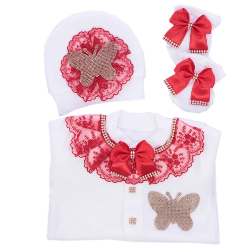 Lace Collar Rhinestone Butterfly Baby Footed Romper Newborn 0-9 Months 4Pcs White Red Gold Satin Bow Royal Jumpsuit Gift