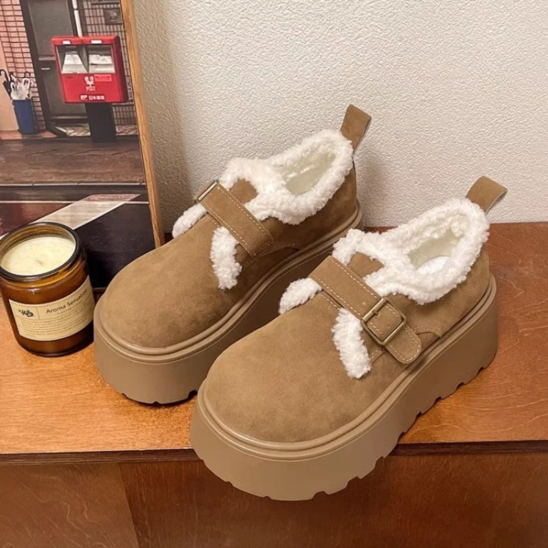 Winter new muffin warm thick sole height-increasing plush women's retro one-pedal Lofu casual comfortable cotton shoes 2025