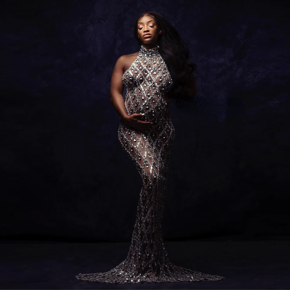 Sexy Shiny Maternity Dress Photography Goddess Bodysuit Rhinestone Party Dress Photo Shoot Plus Size Senior Pregnant Cloth