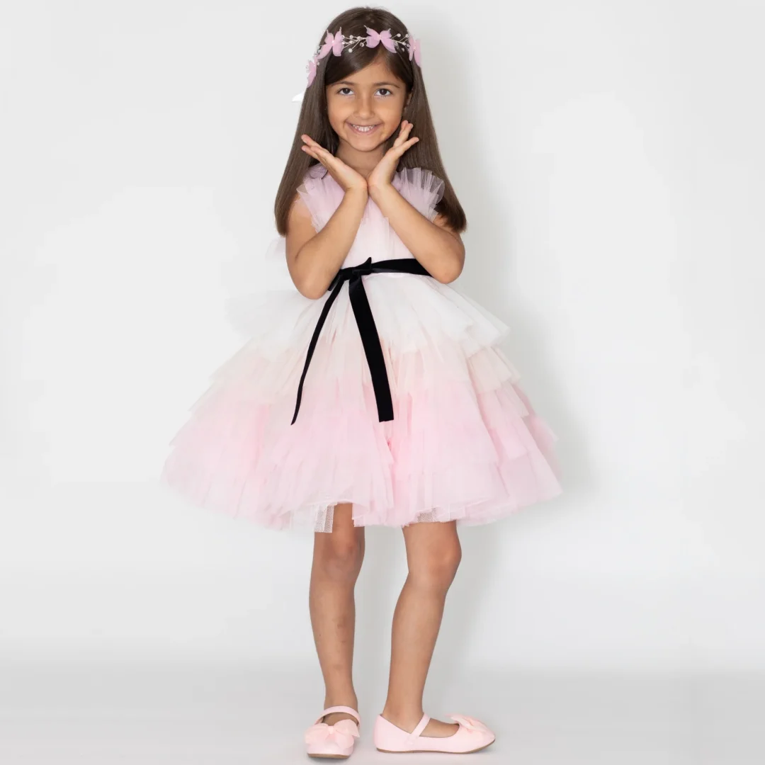 

Customized Flower Girl Dress Pink White Tulle Tiered With Black Bow Belt For Wedding Birthday Party Pageant Holy Communion Gown