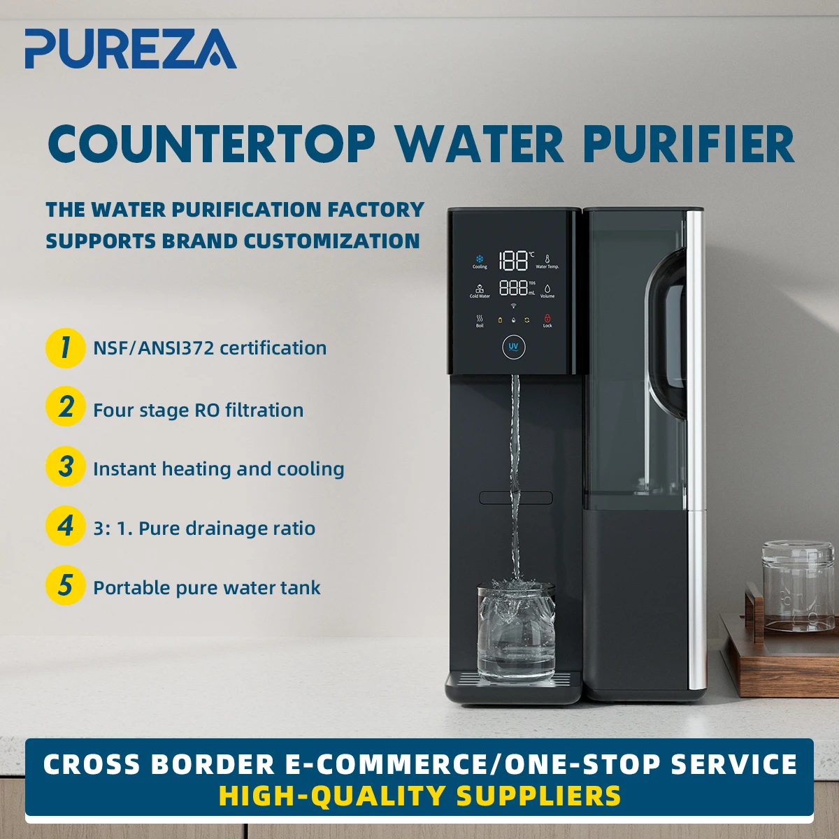 

Профессиональная настольная система обратного осмоса PUREZA с высокой производительностью и регулируемыми настройками горячей/холодной воды