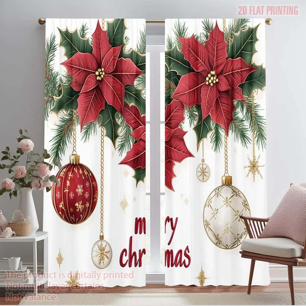 2pcs,2D plane printing Light Filtering Curtains Christmas Ornaments Poinsettia 100% Polyester (without rod) All Seasons Use for