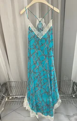 2024 Summer New Women's V-neck Lace Embroidery Side Split Fashion Blue Chain Print 100% Silk Sleeveless Tank Top Midi Dress