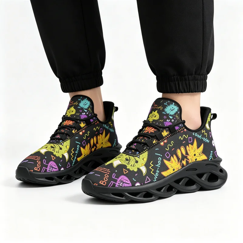 Ladies Men Large size graffiti print casual sports shoes for men，Contrast color cartoon monster hand-drawn pattern breathable sh